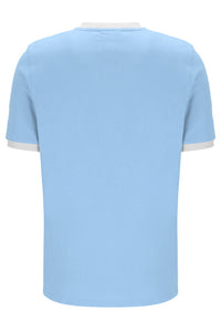 Light blue t-shirt with white trim on a white background