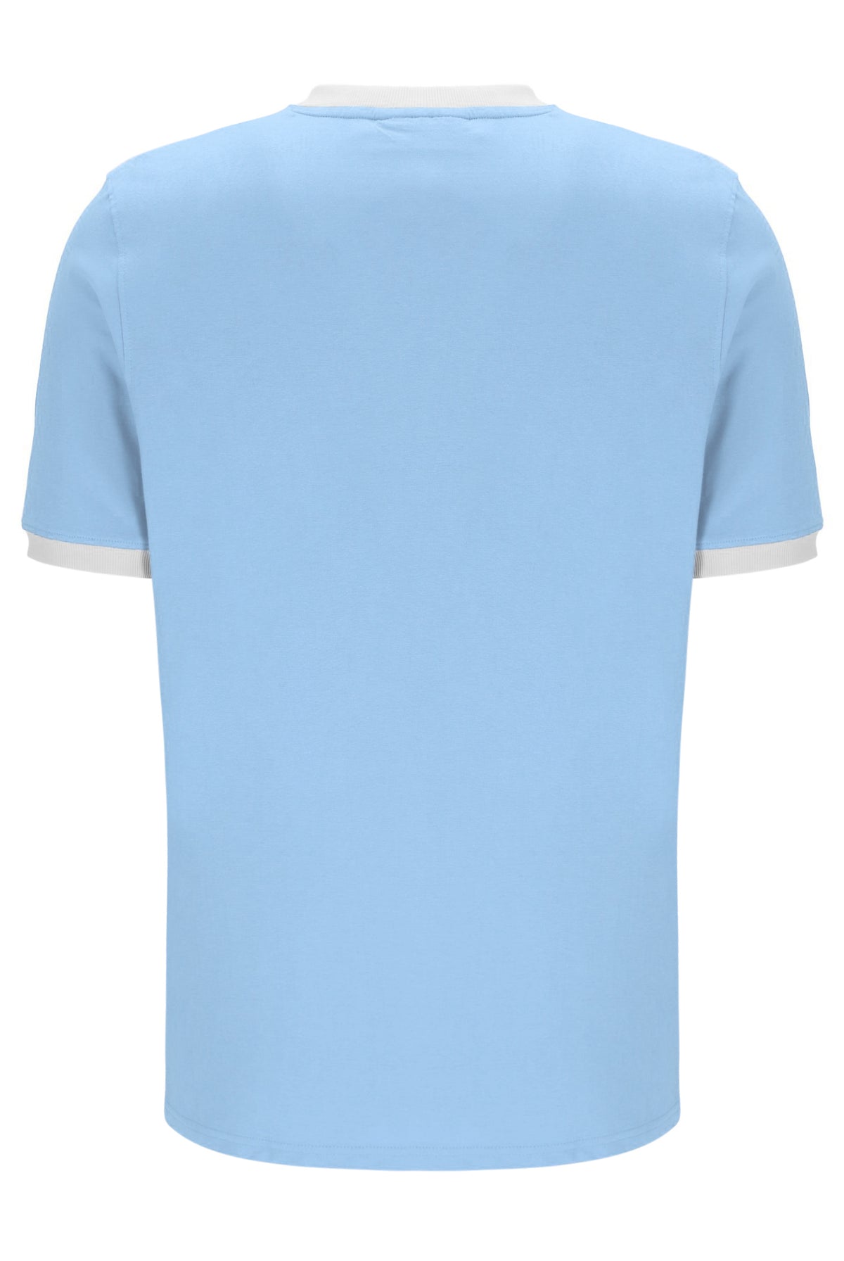 Light blue t-shirt with white trim on a white background