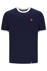 Navy blue t-shirt with white trim and a small FILA logo on a white background