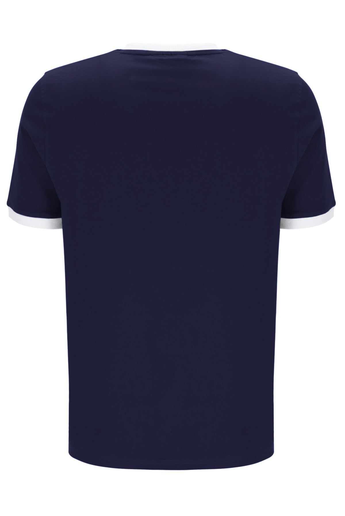 Navy blue t-shirt with white trim on a white background