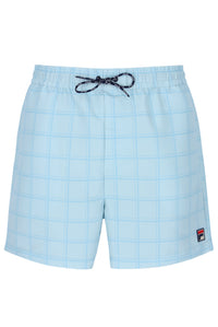 Light blue checkered shorts with a drawstring on a white background