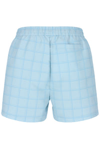 Light blue checkered shorts on a white background