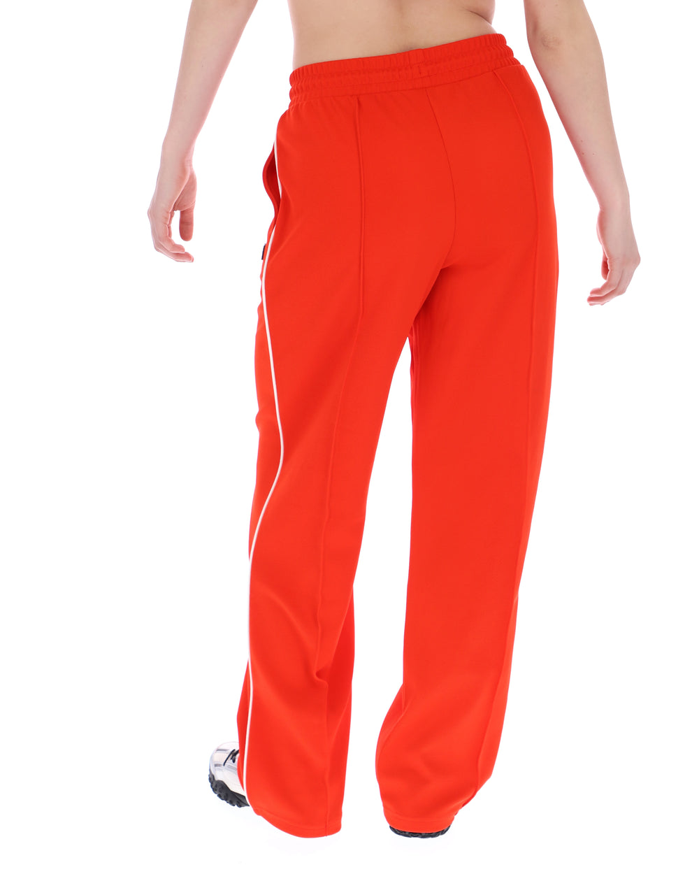 Orange sweatpants with white stripe on a white background