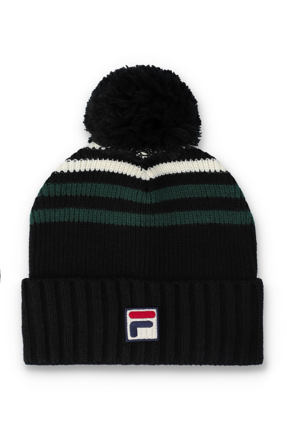 A black knit pom-pom beanie with horizontal stripes in white and dark green, featuring a small embroidered Fila logo on the front cuff.