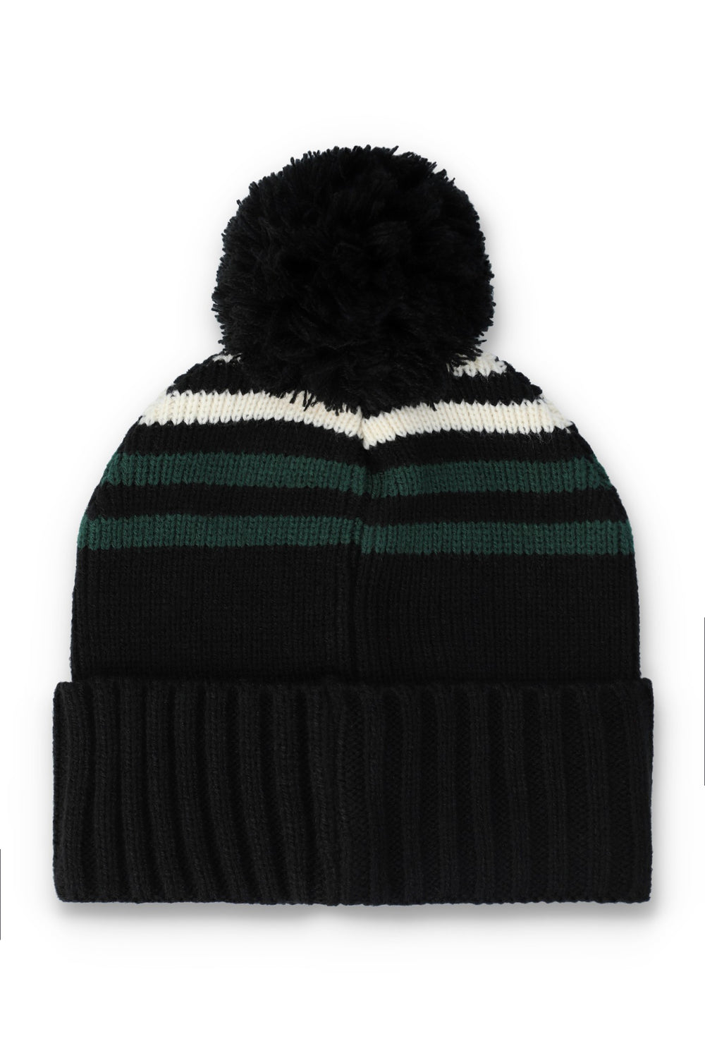 A black knit pom-pom beanie hat with horizontal stripes in white and dark green, featuring a ribbed cuff and a fluffy black pom-pom on top, set against a plain white background.
