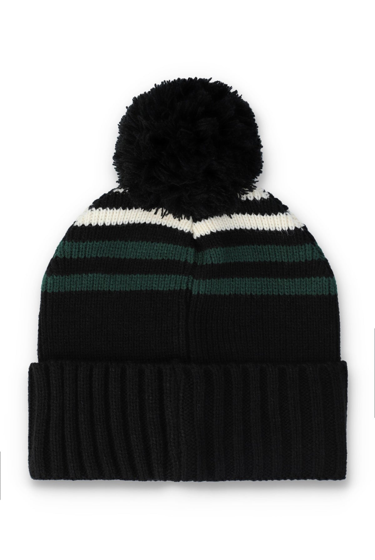 A black knit pom-pom beanie hat with horizontal stripes in white and dark green, featuring a ribbed cuff and a fluffy black pom-pom on top, set against a plain white background.
