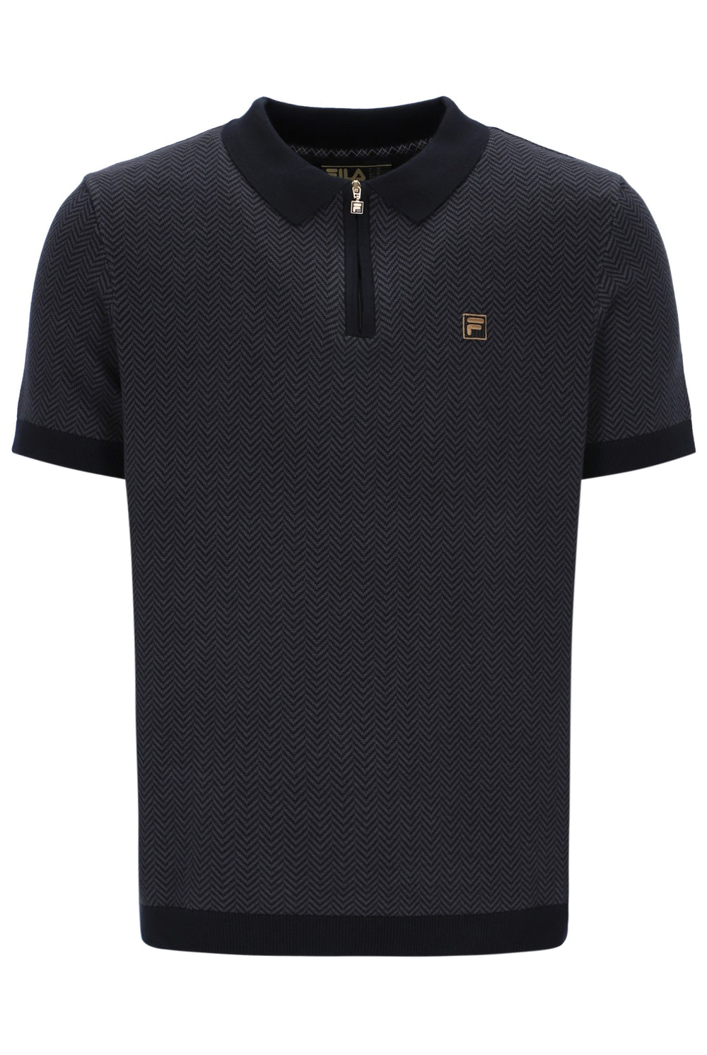 Black textured polo shirt with a brand logo on a white background