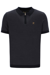 Black textured polo shirt with a brand logo on a white background