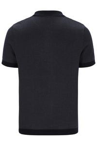 Black textured polo shirt on a white background