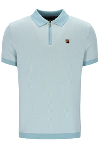 Light blue polo shirt with a small logo on a white background