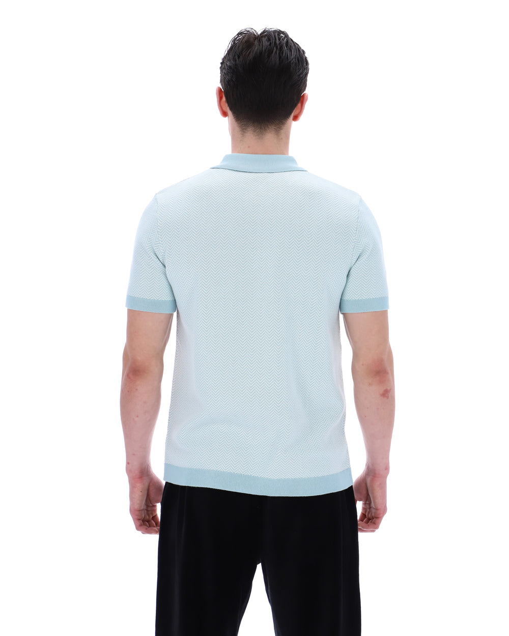 Man wearing a light blue polo shirt on a white background
