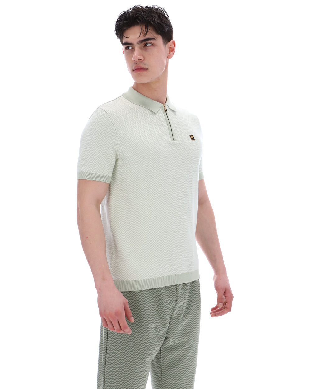 Man wearing a light green polo shirt and patterned pants on a white background