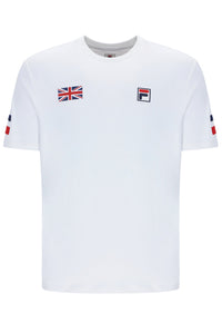 White tennis t-shirt with cap sleeves, featuring the FILA logo and a Union Jack flag patch on the chest.