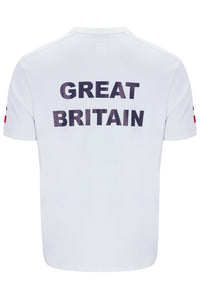 White tennis t-shirt with cap sleeves, featuring the FILA logo and a Union Jack flag patch on the chest.