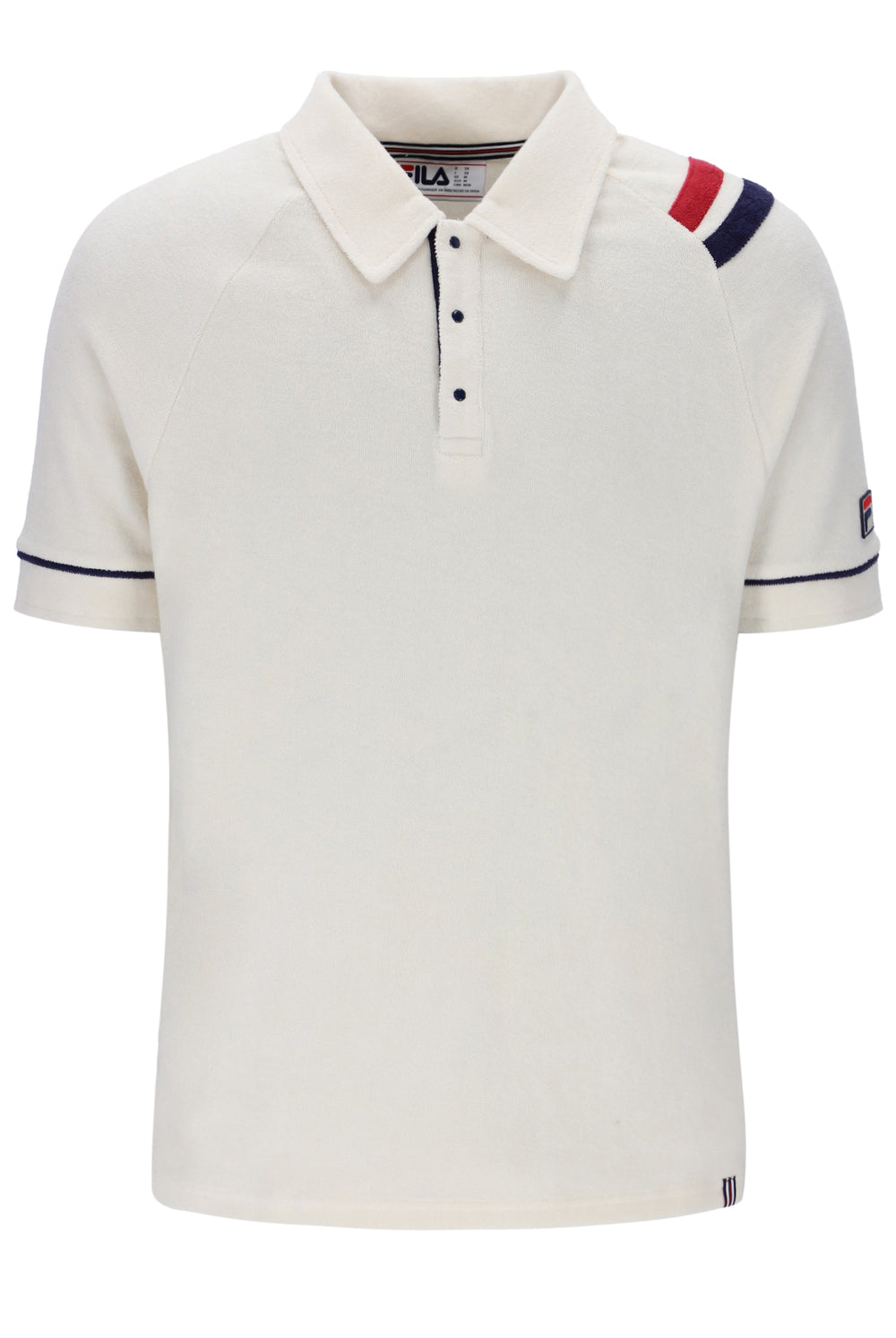 White polo shirt with a FILA logo on the sleeve, on a white background