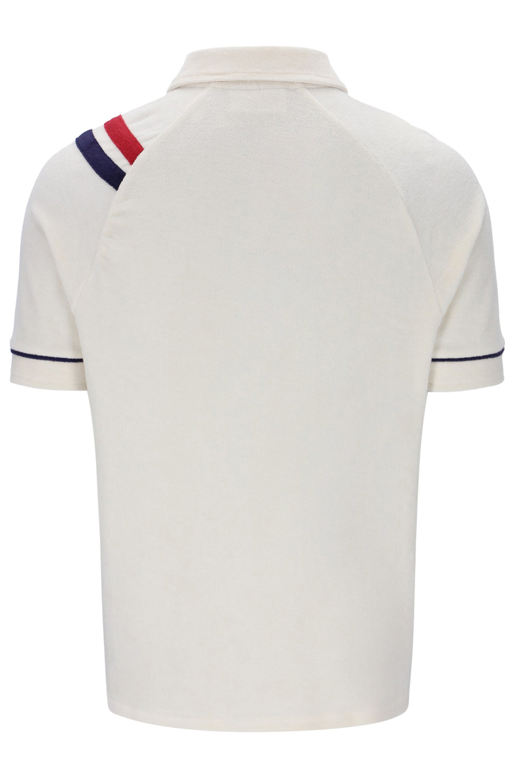 White polo shirt with red and blue striped details on the left sleeve, on a white background