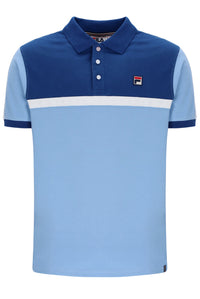 Displays the Frozen Fjord 'FILA' branded Mattia Contrast Panel Polo Shirt