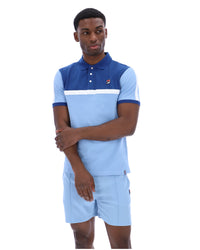 Displays a model wearing the Frozen Fjord 'FILA' branded Mattia Contrast Panel Polo Shirt