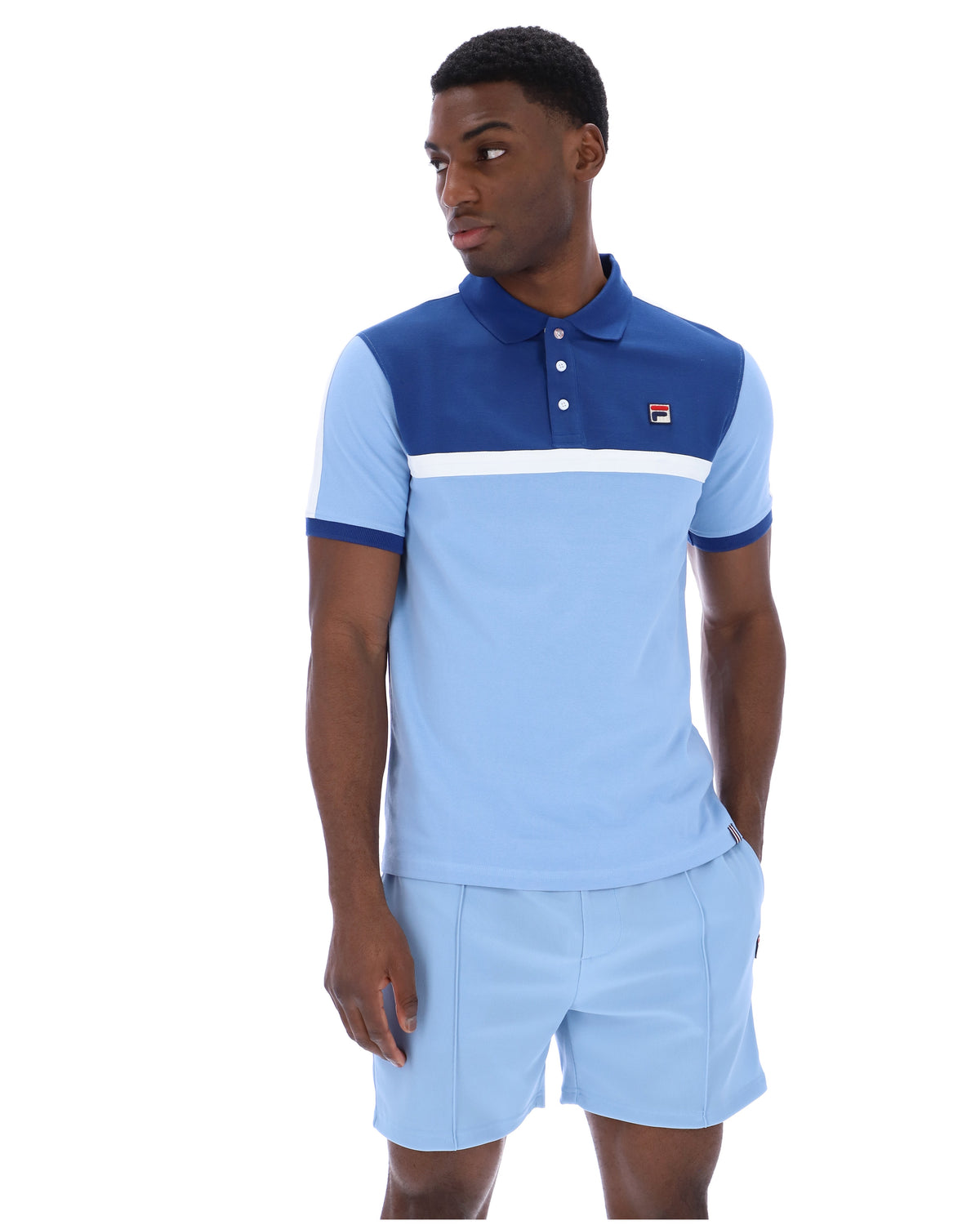 Displays a model wearing the Frozen Fjord 'FILA' branded Mattia Contrast Panel Polo Shirt