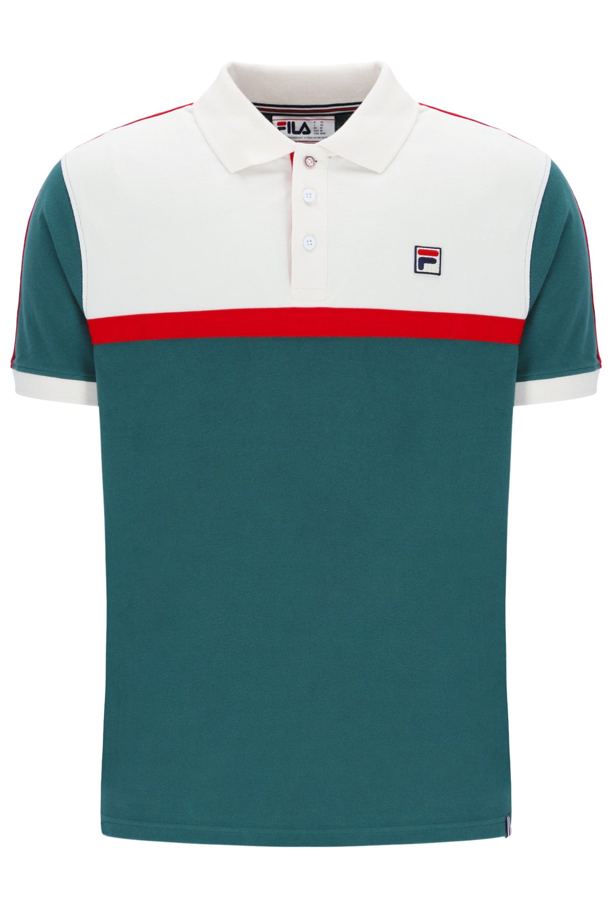 Teal and white polo shirt with red accents on a white background