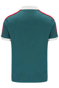 Teal polo shirt with red and white accents on a white background