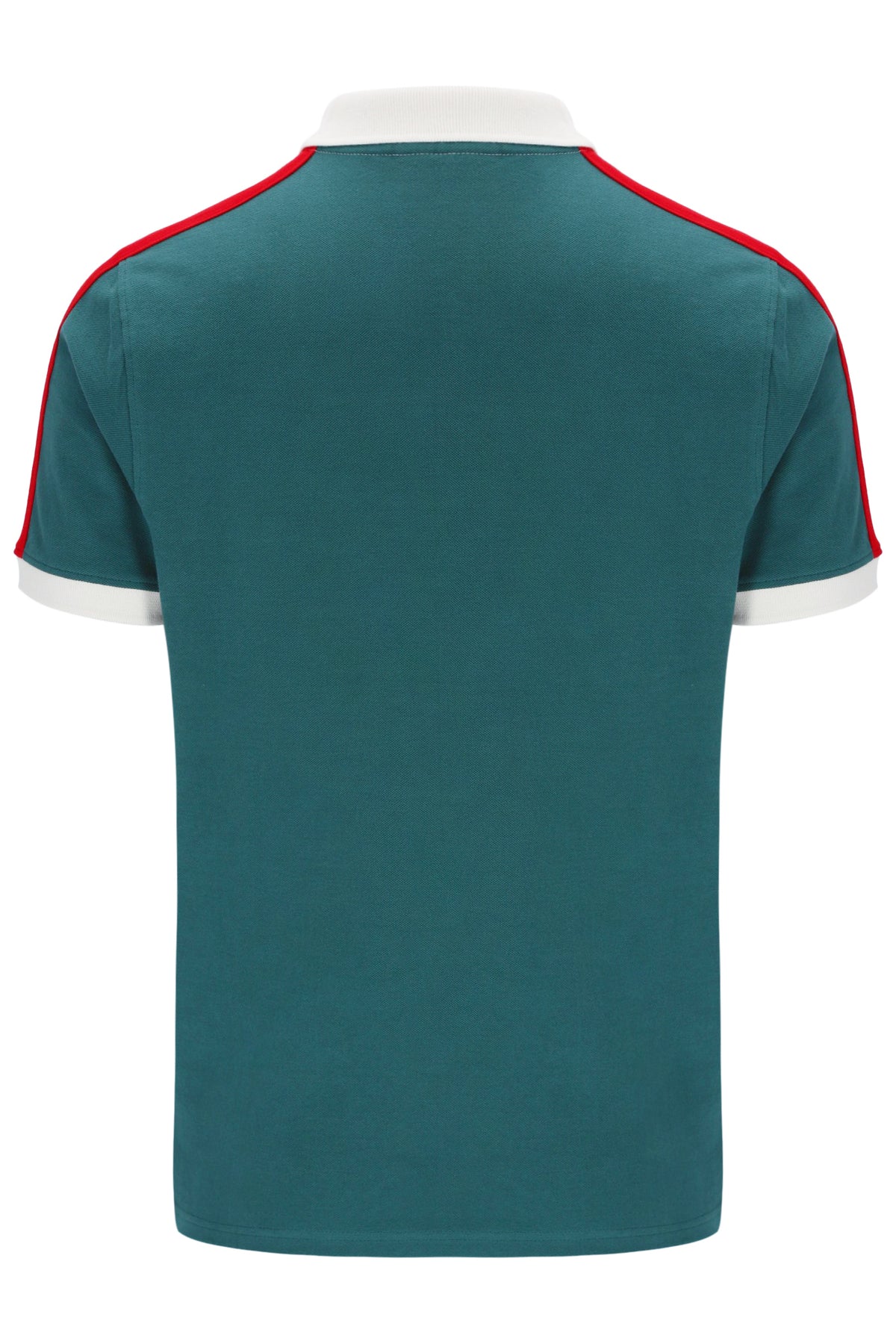 Teal polo shirt with red and white accents on a white background