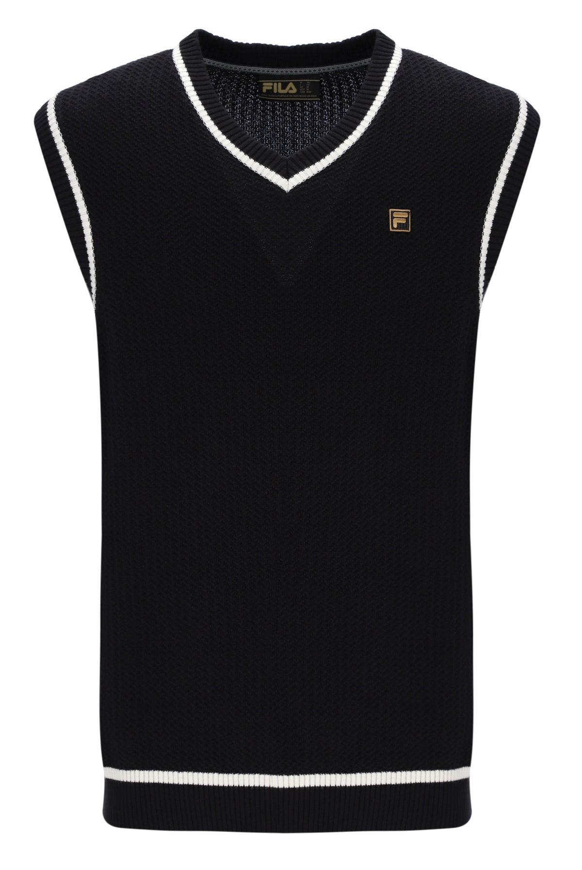 Displays the Black 'FILA' branded Mellor Textured Knit Vest with Tipping