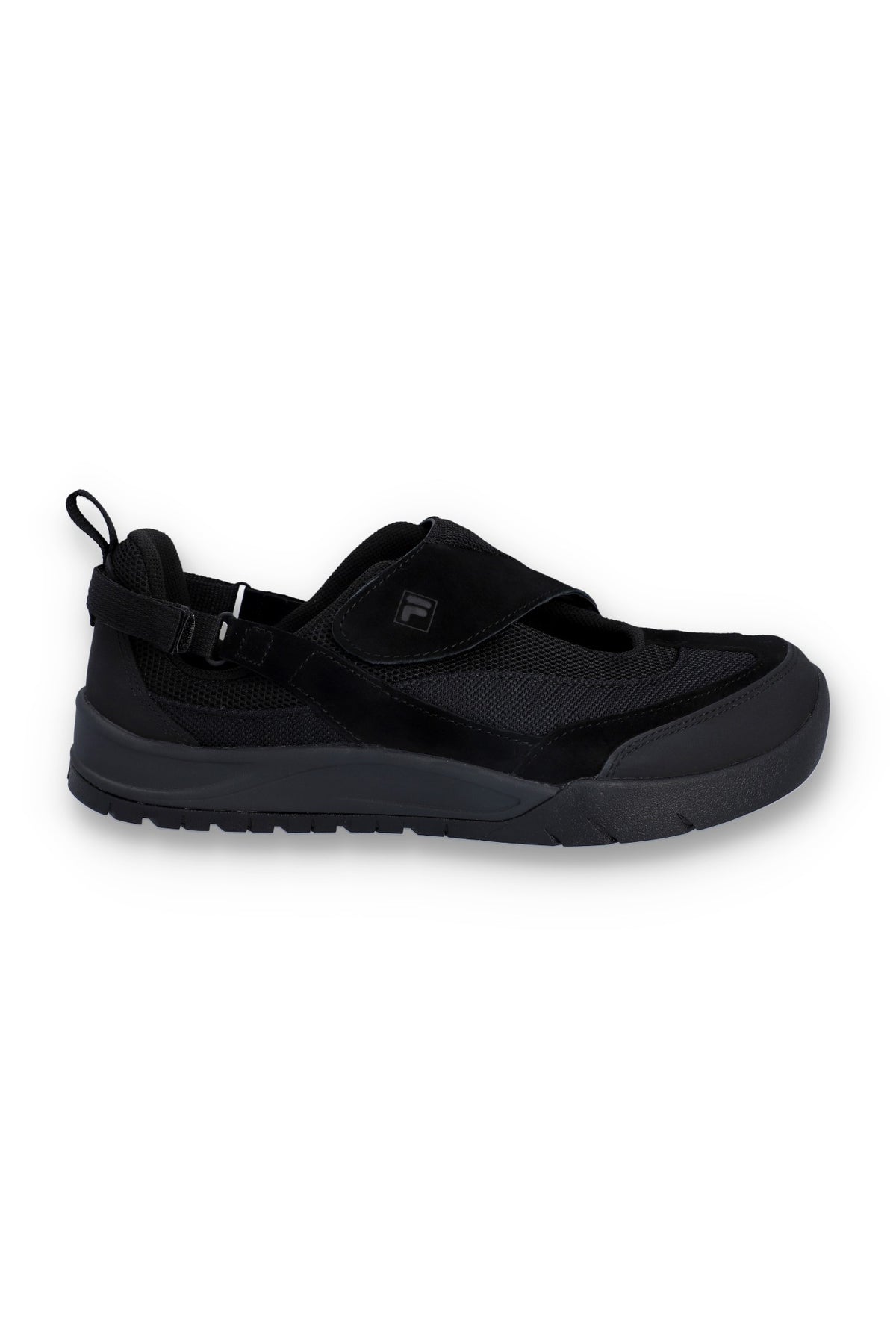 Black slip-on sneakers with black strap on a white background