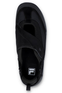 Black slip-on sneakers with black strap on a white background