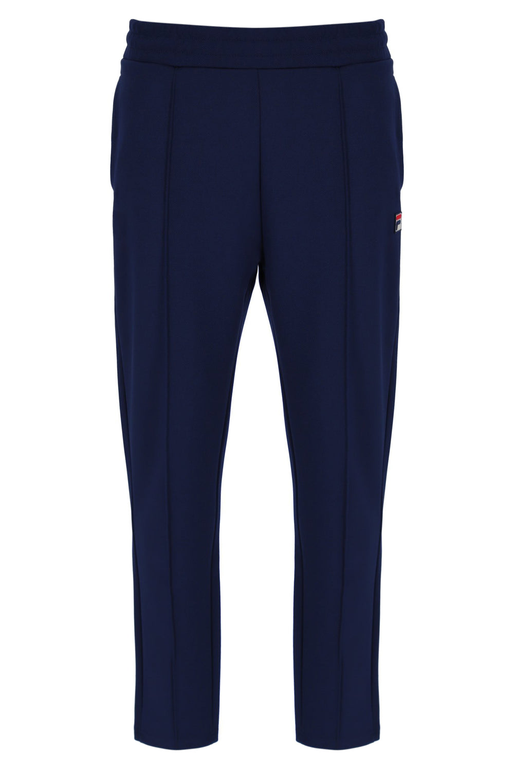 Navy blue pants with a small red logo on a white background
