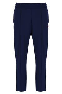 Navy blue pants with a small red logo on a white background