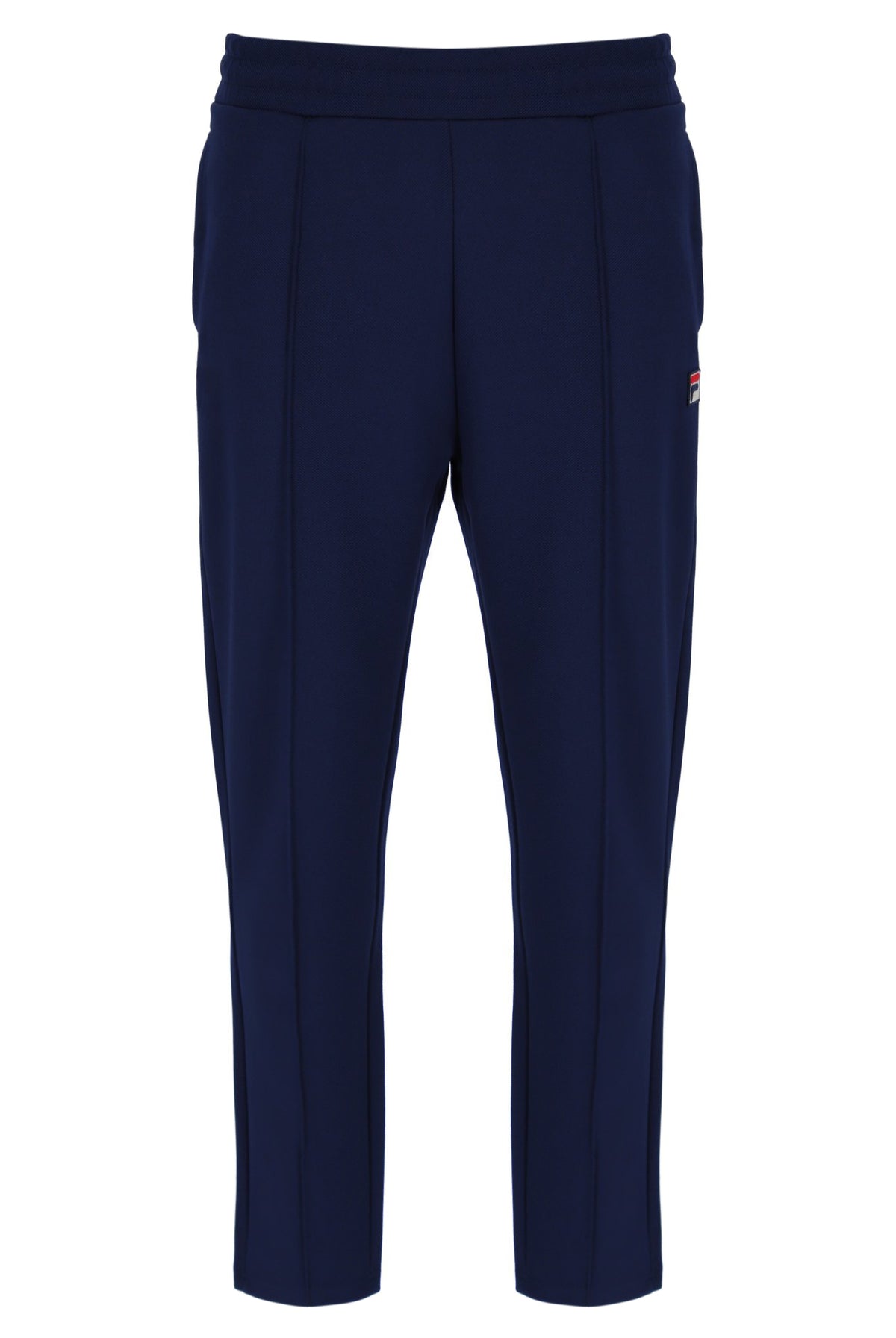 Navy blue pants with a small red logo on a white background