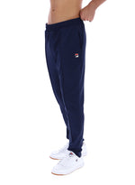 Navy blue jogger pants with a small logo on a white background