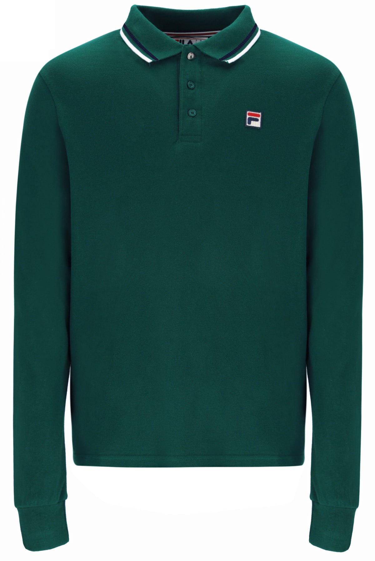 Displays the Rain Forest Monte 'FILA' branded Tipped Collar Long Sleeve Polo