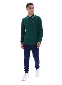 Displays a model wearing the Rain Forest Monte 'FILA' branded Tipped Collar Long Sleeve Polo