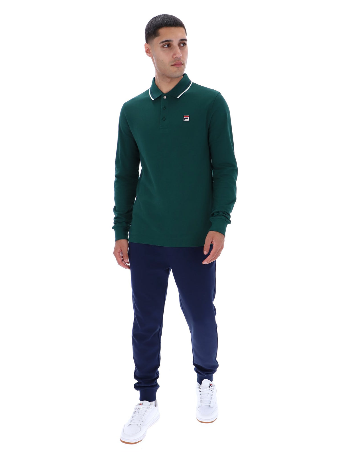 Displays a model wearing the Rain Forest Monte 'FILA' branded Tipped Collar Long Sleeve Polo