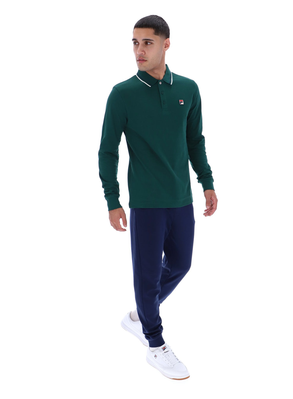 Displays a model wearing the Rain Forest Monte 'FILA' branded Tipped Collar Long Sleeve Polo