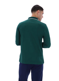 Displays a model wearing the Rain Forest Monte 'FILA' branded Tipped Collar Long Sleeve Polo