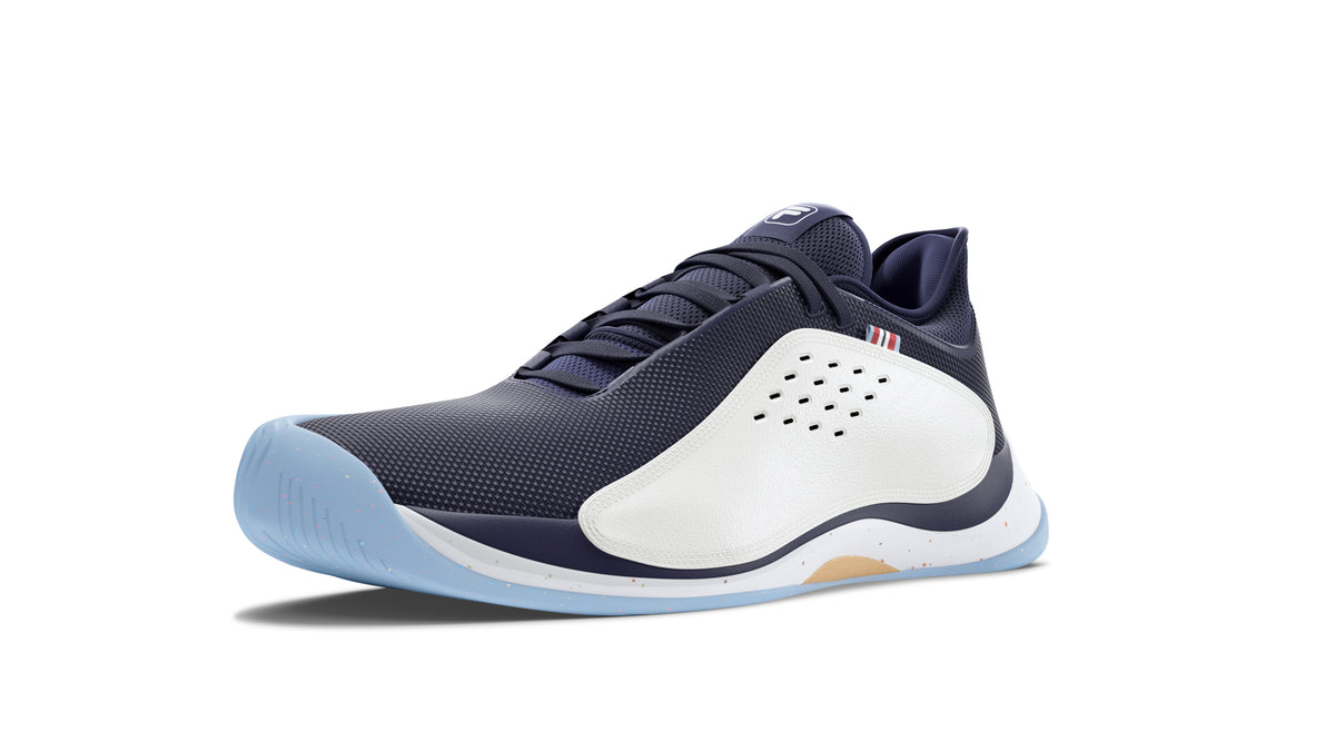 A pair of FILA Mondo Forza Tennis Trainers in white and navy colour scheme.