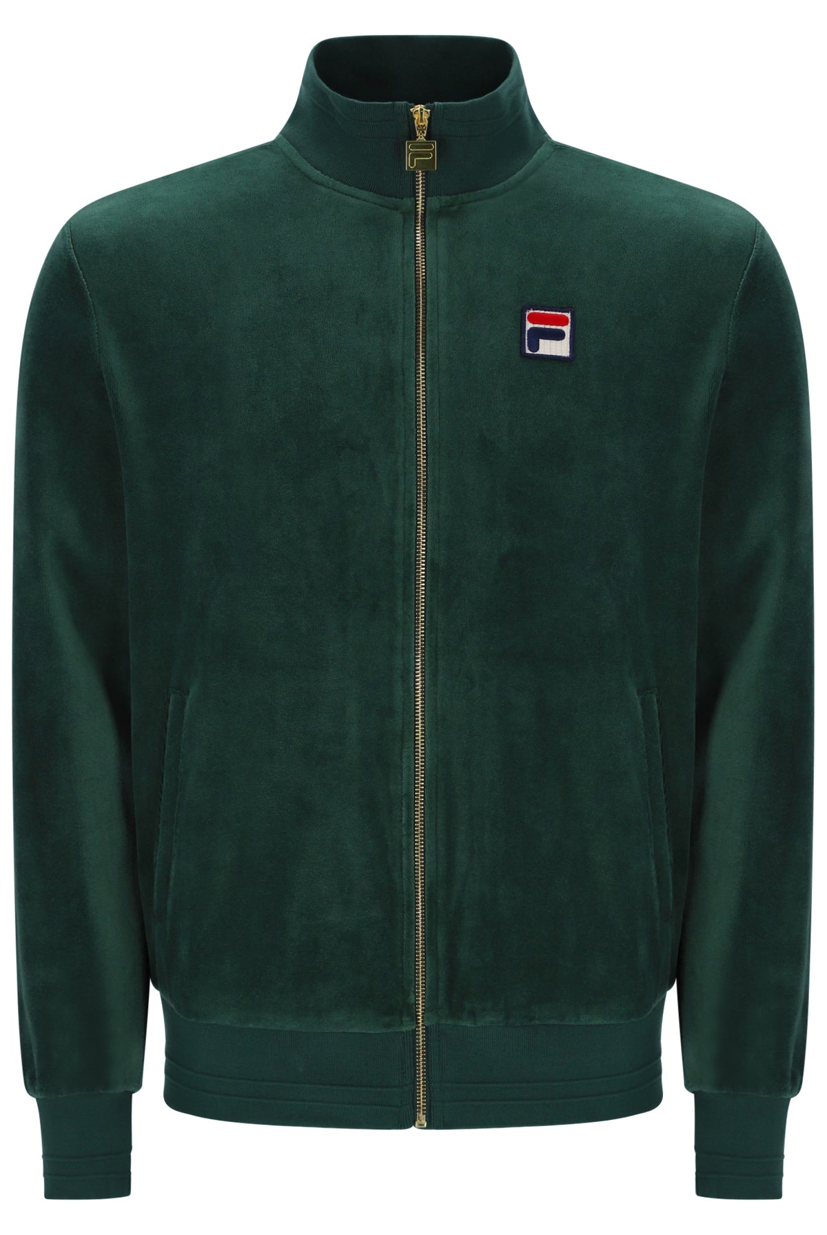 Displays the Pine Needle 'FILA' branded Nero 2 Velour Jacket