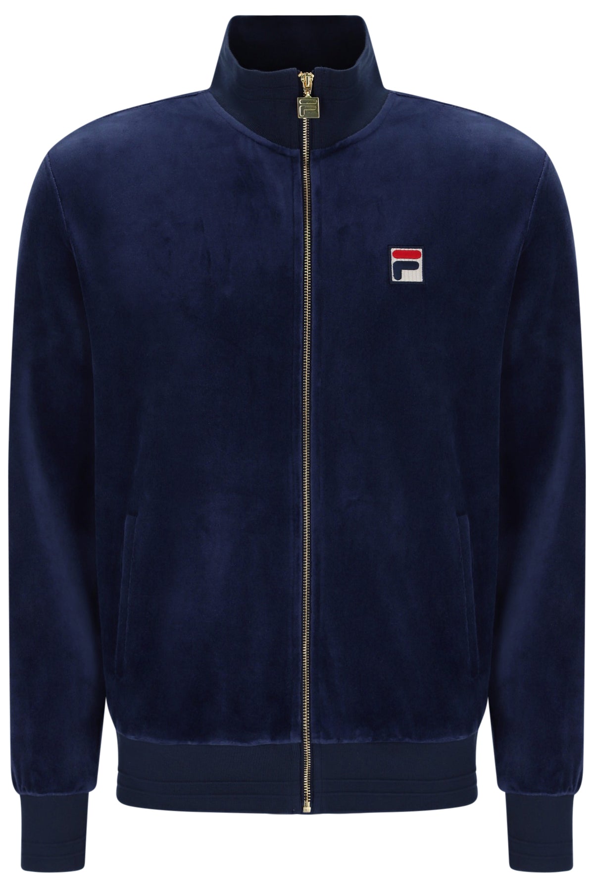 Displays the Navy 'Fila' branded Nero 2 Velour Jacket