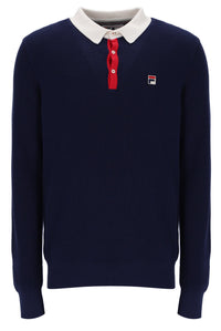 Navy sweater with a red and white collar on a white background