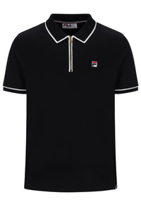 A black short-sleeve polo shirt by FILA, featuring a half-zip collar with white piping, a white FILA logo patch on the left chest, and white trim on the sleeve cuffs.