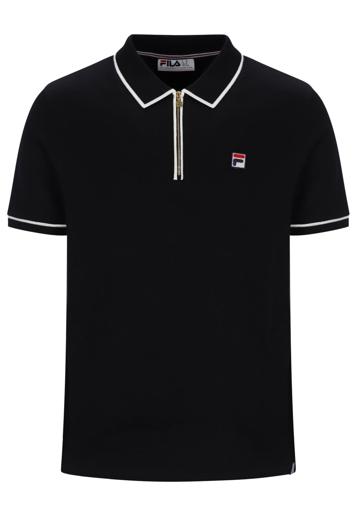 A black short-sleeve polo shirt by FILA, featuring a half-zip collar with white piping, a white FILA logo patch on the left chest, and white trim on the sleeve cuffs.