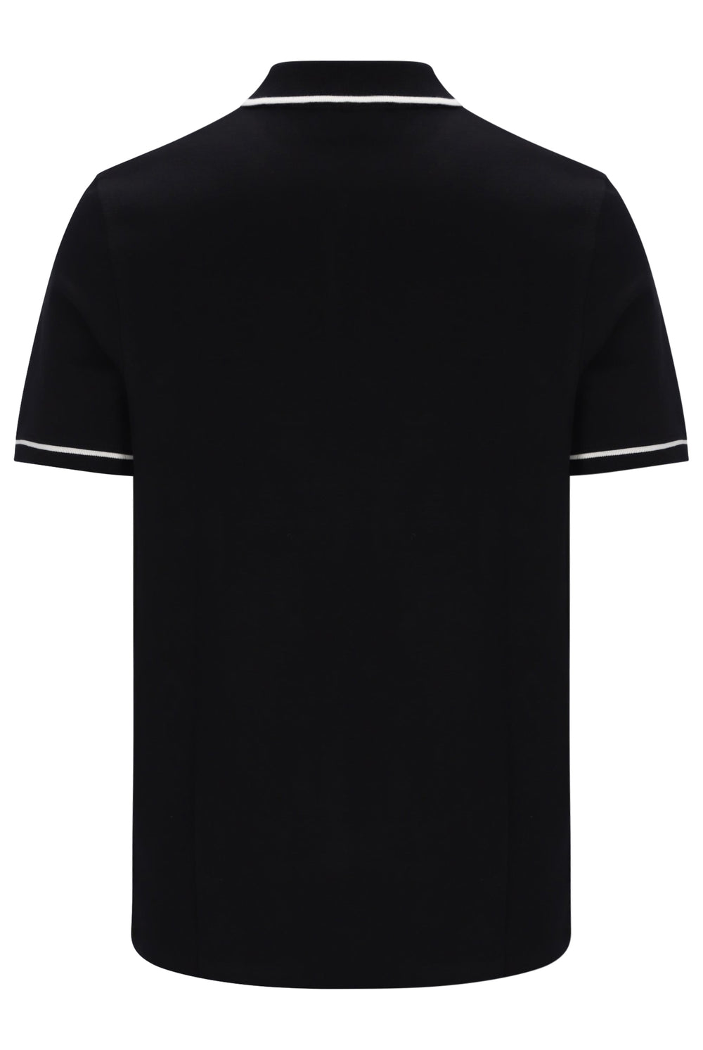 Black short-sleeve polo shirt shown from the back, featuring thin white contrast piping along the collar and sleeve cuffs, on a plain white background.