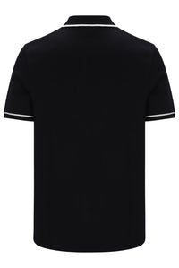 Black short-sleeve polo shirt shown from the back, featuring thin white contrast piping along the collar and sleeve cuffs, on a plain white background.
