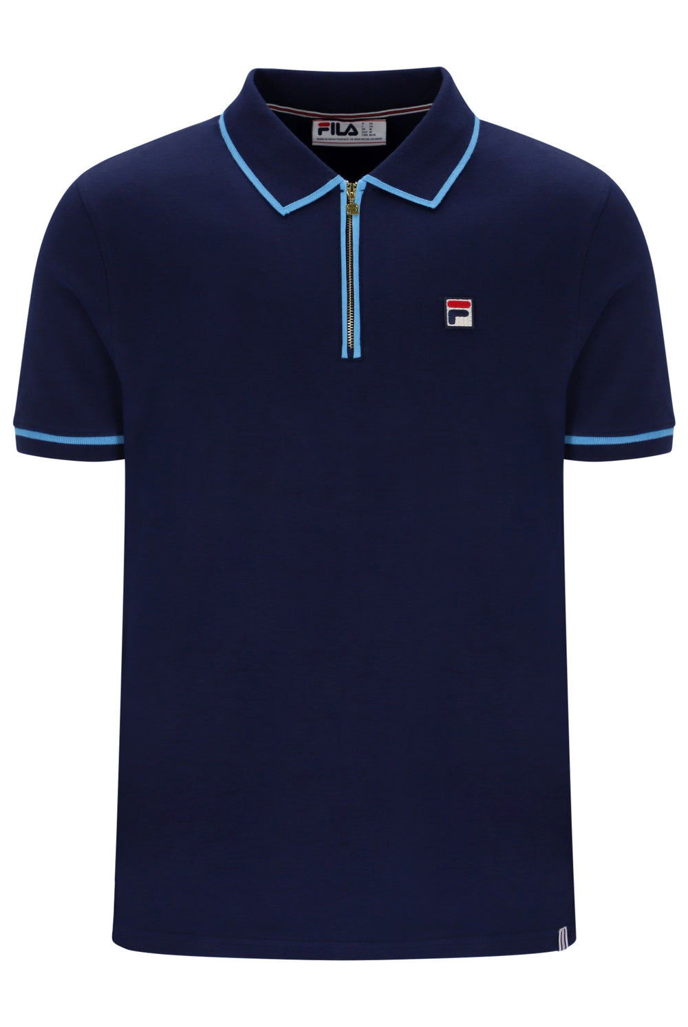 A navy blue short-sleeve polo shirt with a half-zip collar, light blue piping details, and a small Fila logo on the left chest, displayed on a clean white background.