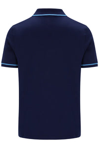 A navy blue short-sleeve polo shirt shown from the back, featuring light blue contrast piping along the collar and sleeve cuffs, set against a plain white background.