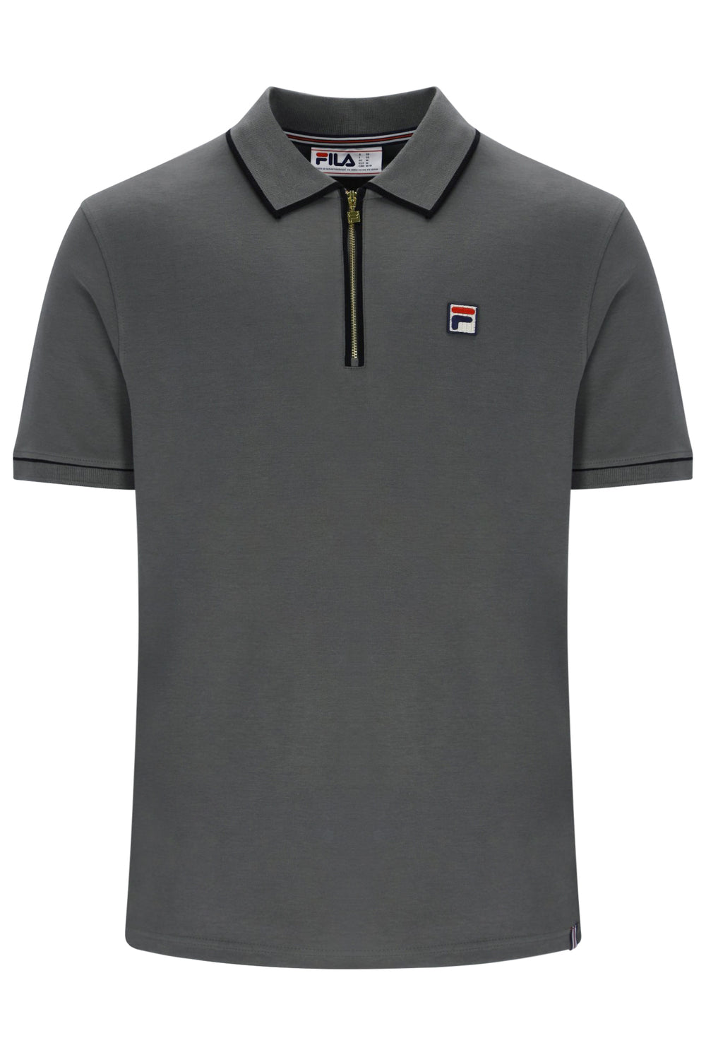 A dark gray short-sleeve polo shirt by Fila, featuring a half-zip collar with a black zipper, a black inner collar trim, and the signature Fila logo patch on the left chest.