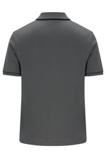 A dark gray short-sleeve polo shirt shown from the back, featuring a classic collar and subtle dark piping along the sleeve cuffs, set against a plain white background.